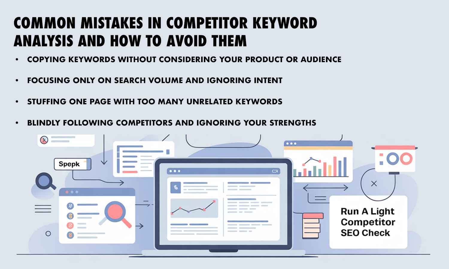 Infographic showing common mistakes in competitor keyword analysis and practical ways to avoid them for better SEO results.