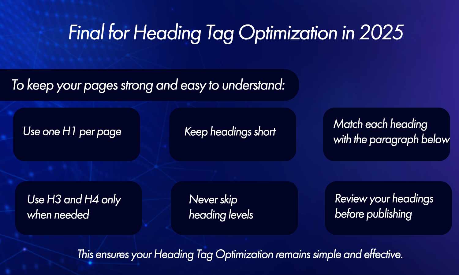 Final tips for heading tag optimization in 2025 to keep pages clear and structured.