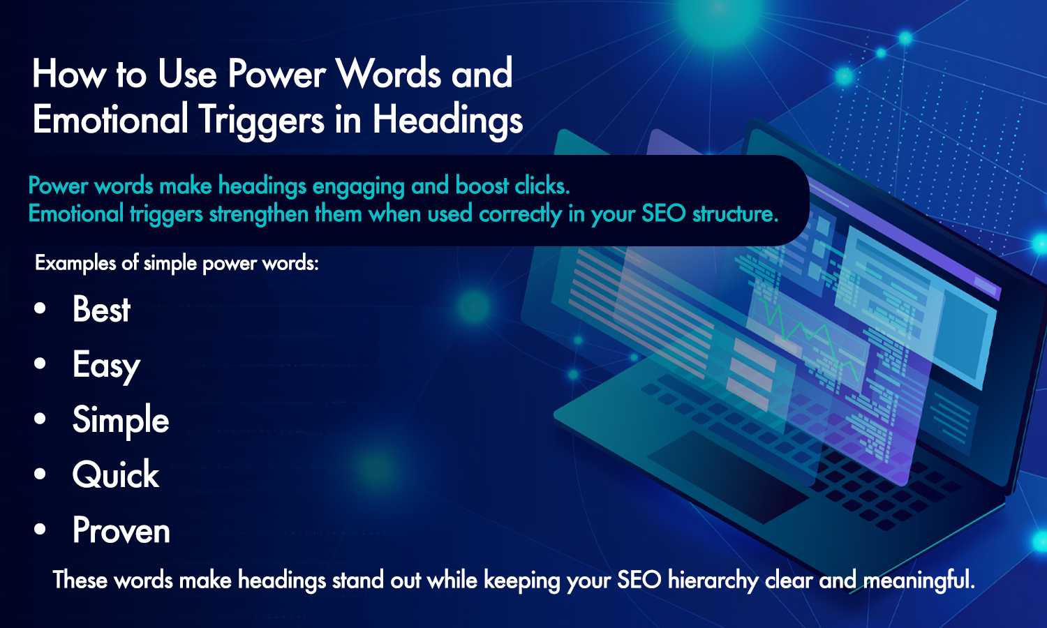 Infographic on using power words and emotional triggers in headings for better SEO.