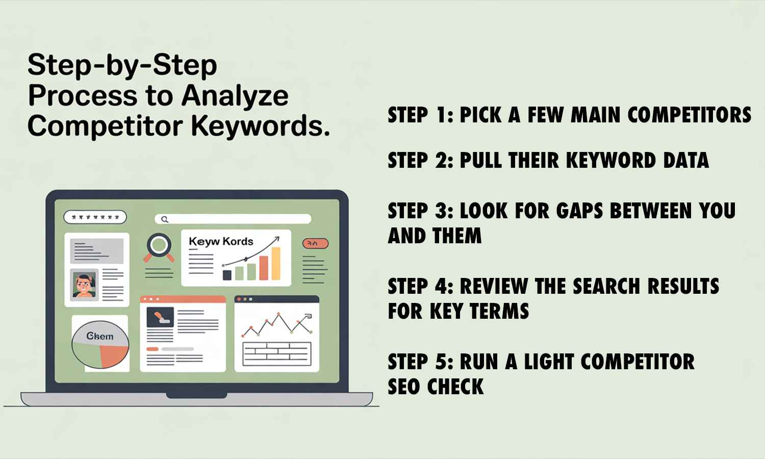 Step-by-step infographic showing how to analyze competitor keywords for SEO.