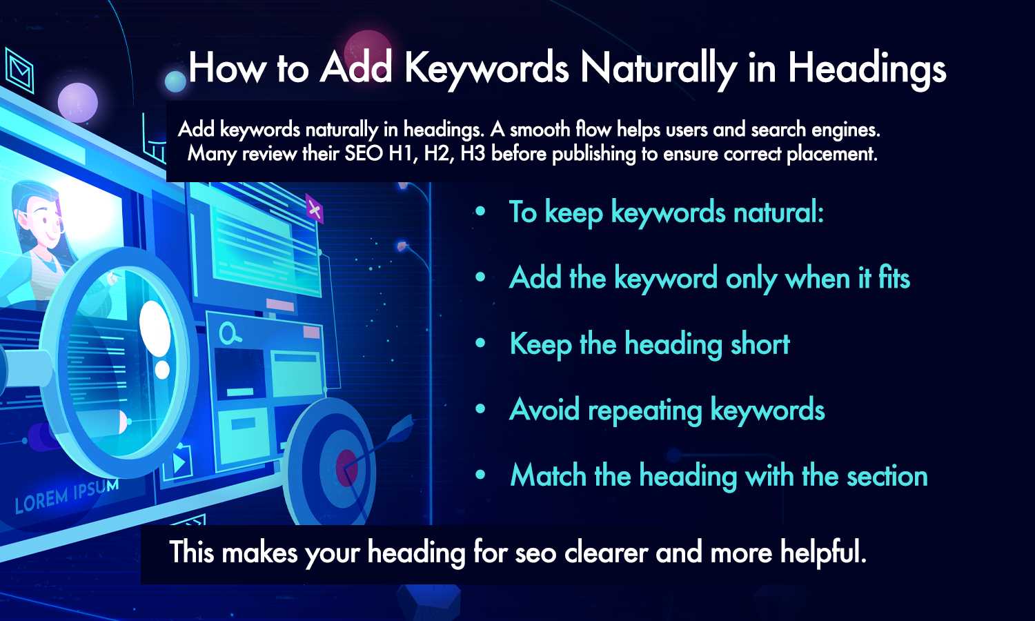 Infographic on how to add keywords naturally in headings for better SEO.