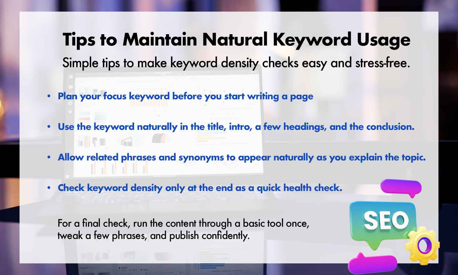 Infographic sharing tips to maintain natural keyword usage for better SEO.