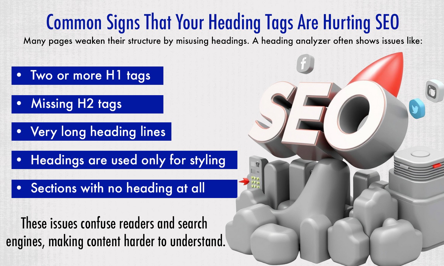 Infographic showing common SEO heading tag mistakes.