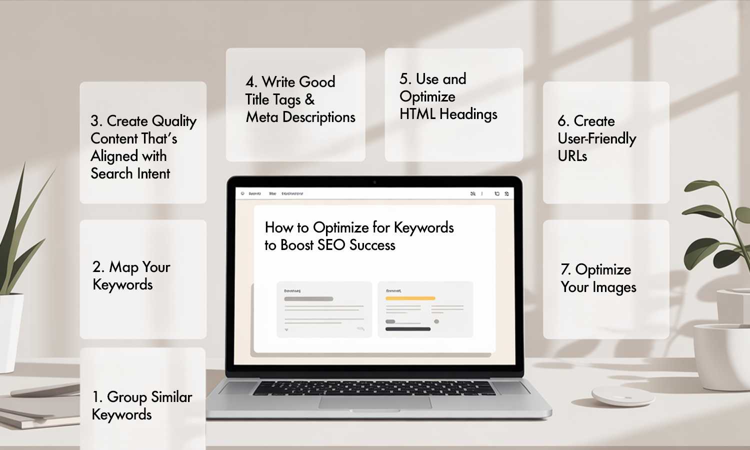 Infographic showing how to optimize keywords to boost SEO success.