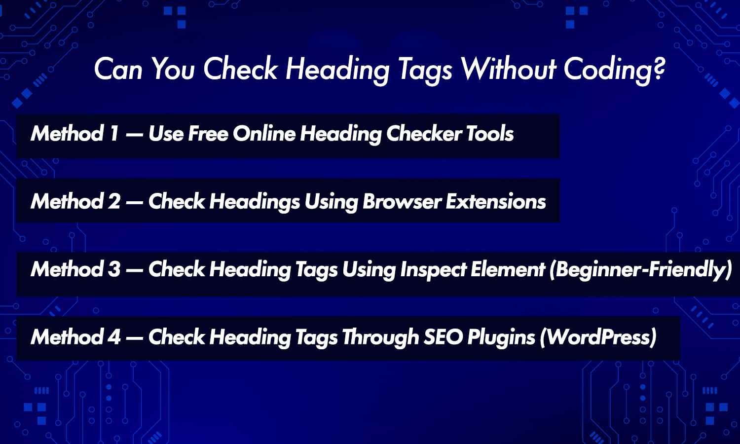 Methods to check heading tags without coding using tools and extensions.